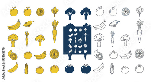 Hand-drawn fruits and vegetables collection, doodle style, healthy food icons