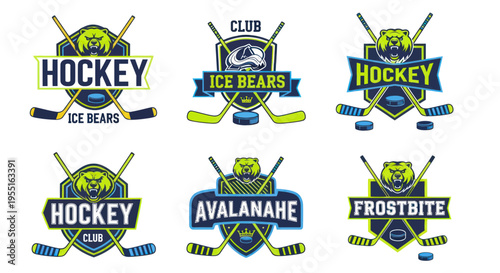 Hockey Team Logos with Bear Mascot and Ice Hockey Gear