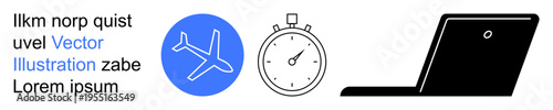 Travel planning, technology, time management, transportation, productivity, business solutions. Blue airplane icon, stopwatch and black laptop. Travel planning and technology-related concept