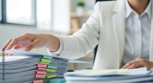 Businesswoman carefully reviewing stacks of documents with colorful paper clips at her desk