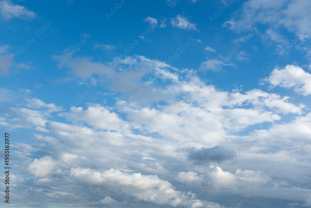 Obraz premium Blue sky with white clouds background, soft cloudy sky texture, sunny weather, natural atmosphere, minimal nature backdrop with copy space