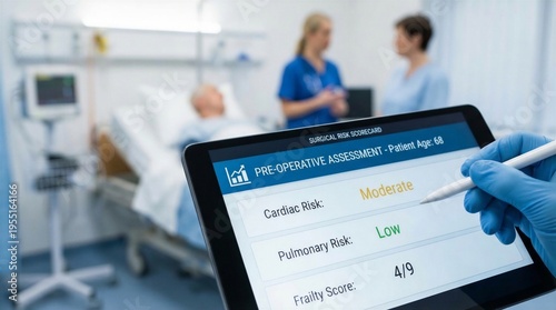 Medical Professional Using Digital Tablet for Pre-Operative Surgical Risk Assessment in Hospital Room