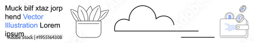 Cryptocurrency, investing, digital wallets, eco-friendly technology, cloud storage, financial growth. A plant, a cloud and a wallet with bitcoins. Cryptocurrency and investing concepts