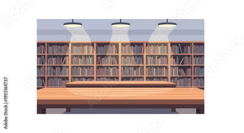 Cozy library interior with shelves and reading table under soft lighting
