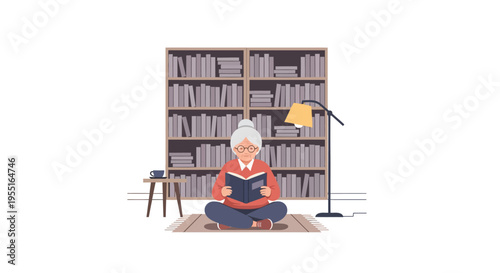 Elderly woman reading book in cozy living room with bookshelf and lamp