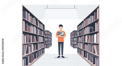 Young man reading book in modern library aisle with shelves of books