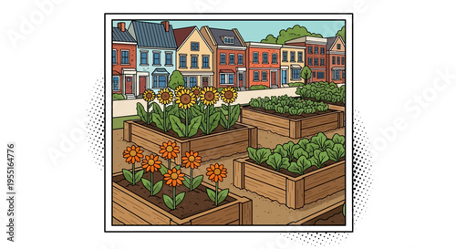 Urban community garden with raised beds and colorful townhouses in background