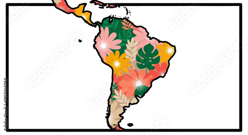Colorful floral map of south america with tropical and exotic floral patterns