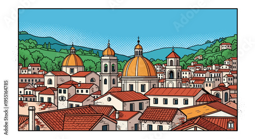 Charming italian village landscape with classic architecture in comic style