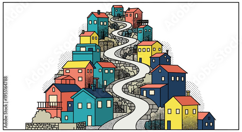 Colorful townscape with winding road in pop art style