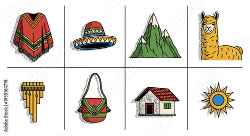 Peruvian culture icons: poncho, hat, andes, alpaca, and more in pop art style