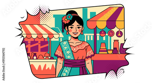 Colorful market scene with a smiling woman in traditional attire and festive environment