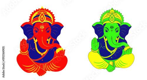 Ganesha, Lord of Beginnings, in vibrant red and green colors, a Hindu deity