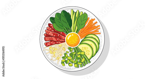 Korean Bibimbap Illustration: Fresh Vegetables, Beef, Egg Yolk on Rice