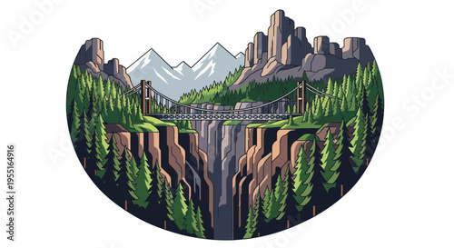 Majestic Suspension Bridge Over Waterfall Canyon, Forest and Mountains Landscape