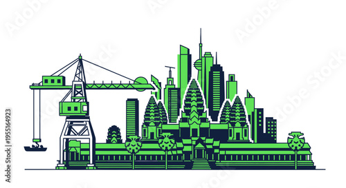 Modern Cityscape with Ancient Temple and Construction Crane