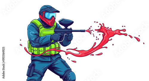 Paintball Player Shooting Red Splatter, Action Sport Illustration