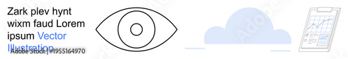 Vision, cloud computing, data visualization, digital analysis, technology, and statistics. A bold eye symbol, cloud silhouette and mobile device with a data graph. Vision and cloud computing theme