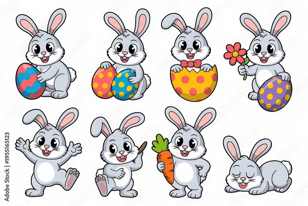 Fototapeta premium cute cartoon bunnies holding easter eggs isolated on transparent background