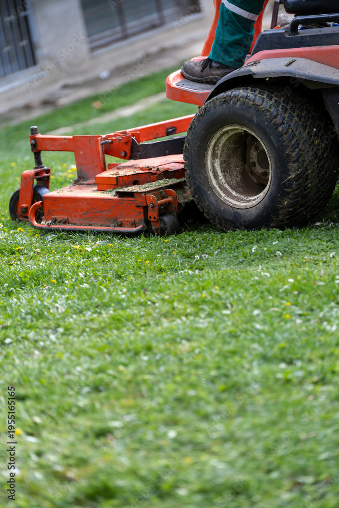 Obraz premium Close up of mower deck and wheel cutting fresh grass