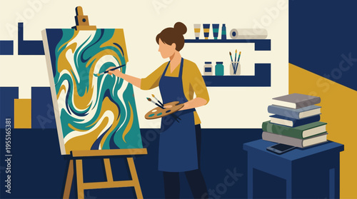 Woman painting on an easel.