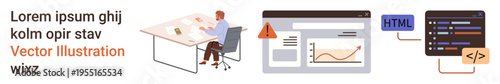Web development, programming, data analysis, coding platforms, technology education, user interface design. Developer at desk, graph on screen and coding interface. Web development and programming