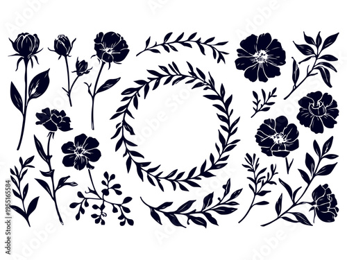 Set of various flowers and branch in silhouette or linocut drawing style. Luxury floral collection