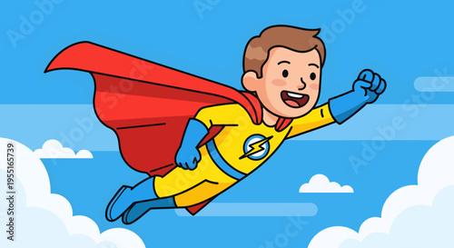 Flying Superhero Boy Illustration, Child Character, Cartoon Style, Sky Background, Upward View, Imagination Concept