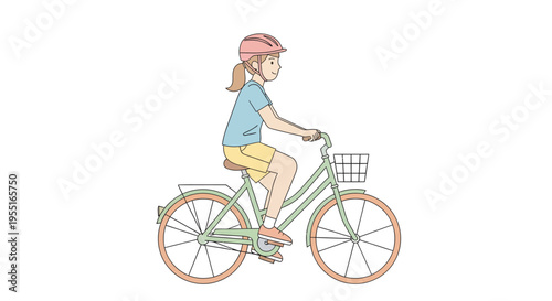 Cycling Action of a Young Girl on Bicycle Outdoors, Flat Vector Illustration, Lifestyle, Side View, Conceptual Design