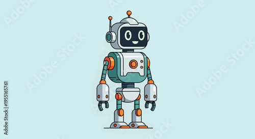 Standing Robot Character Illustration, Technology Theme, Studio Environment, Flat Vector, Front View, Modern Concept