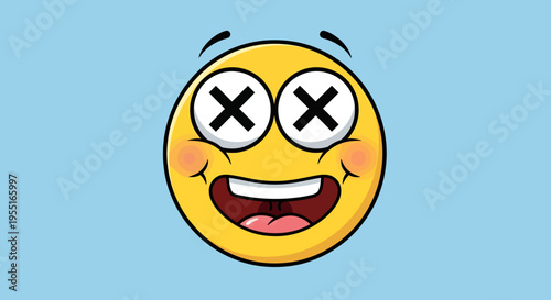 Laughing emoji with crossed eyes and blush on blue background, digital illustration, graphic design, playful emotion, front view, concept of humor