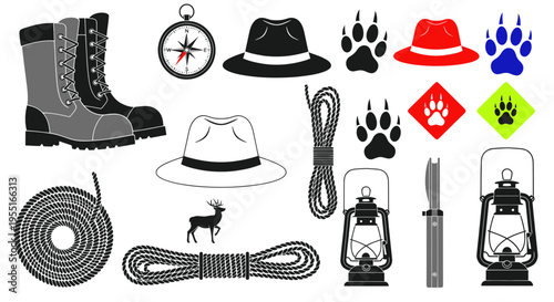 Outdoor Adventure Gear Set: Boots, Compass, Hats, Rope, Lanterns, Knife, Paw Prints