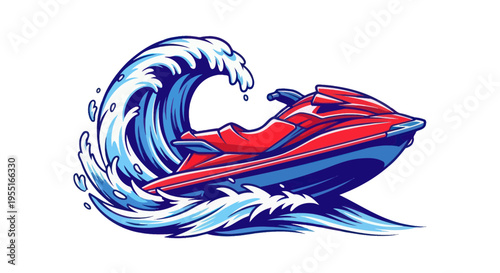 Red Jet Ski Riding Through a Crashing Blue Wave, Summer Water Sports Adventure