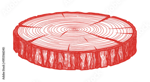 Red Tree Stump Illustration with Growth Rings and Bark Texture