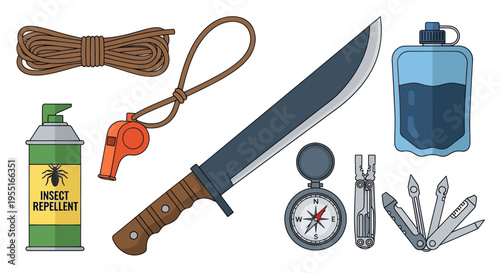 Survival Gear Kit: Knife, Compass, Rope, Whistle, Repellent, Water Bottle, Multitool