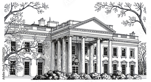 White House Drawing, Iconic Washington DC Landmark, Neoclassical Architecture, USA Government Building