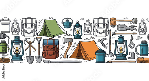 Camping Gear and Tools Seamless Pattern: Tents, Backpacks, Lanterns, Axe, Shovels
