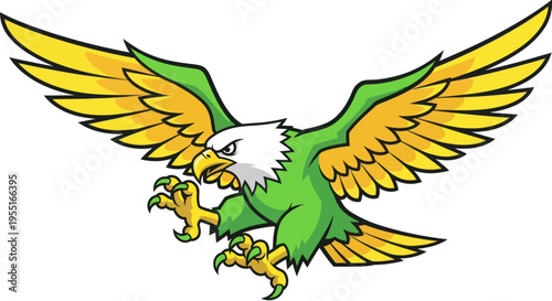 Aggressive Eagle Mascot Swooping Down with Talons Out, Green and Yellow