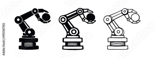 Industrial robotic arm icon set. Factory automation, gripper, manufacturing technology.