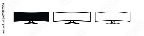 Curved Monitor Display Icon Set. Gaming Monitor Vector Graphics in Black and White.