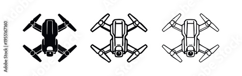 Drone Quadcopter Icon Set. Aerial Photography UAV Vector Graphics in Different Styles.
