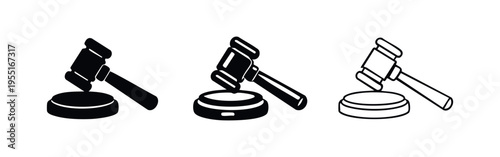 Judge's Gavel and Block Icon Set. Law, Auction, and Judgment Symbol.