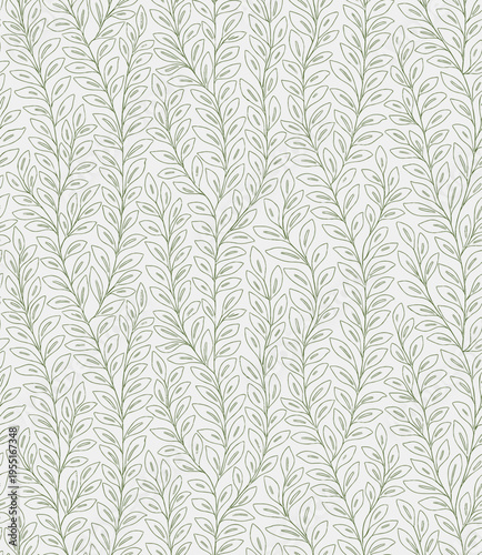 Minimal Botanical Seamless Pattern with Olive Green Line Leaves on Light Gray Background