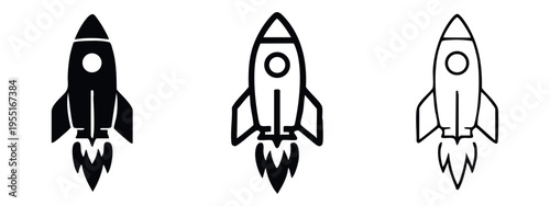 Rocket launch icon set, startup and progress symbol in various styles on white background