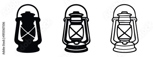 Classic camping lantern icon set. Retro oil lamp silhouette and outline vector illustration.