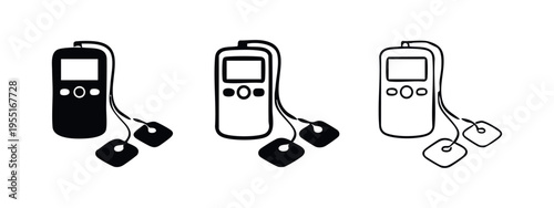 TENS Unit Electrotherapy Device Icon Set for Pain Relief and Muscle Stimulation Silhouette and Outline.