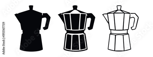 Moka Pot Coffee Maker Icon Set. Italian Espresso Machine Vector Illustration with Solid, Outline, and Line Art Styles.