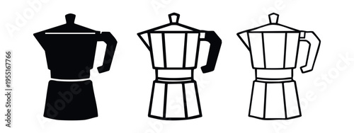 Classic Moka Pot Espresso Maker Icon Collection. Italian Coffee Brewing Equipment in Solid and Outline Versions.