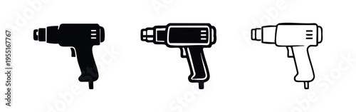 Heat Gun Tool Icon Set. Professional Hot Air Gun for DIY and Industrial Use Silhouette and Outline.