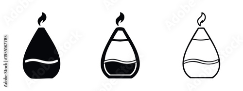 Essential oil diffuser icon set. Air humidifier or aroma diffuser sign with vapor or flame.
